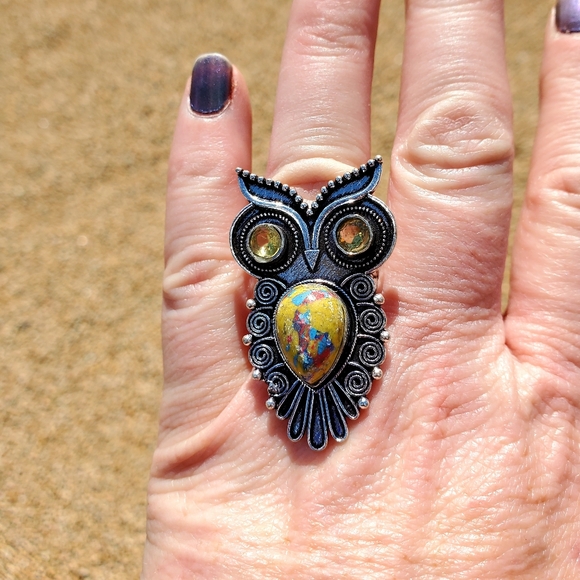 New Mosaic Jasper & Citrine Mystical Owl 925 Silver Ring. - Picture 7 of 12